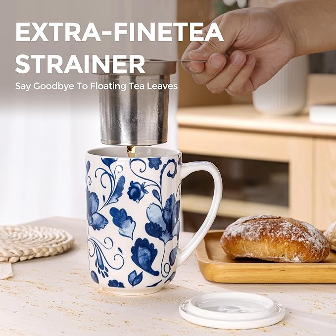 GBhome Tea Mug with Infuser and Lid, 18 Ounce Large Ceramic Loose Leaf Cup, Microwave, Dishwasher Safe
