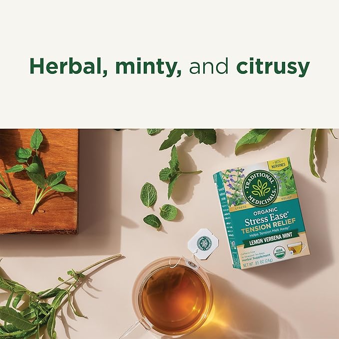 Traditional Medicinals Organic Stress Ease Tension Relief Tea, Lemon Verbena Mint, 96 Count (Pack of 6)