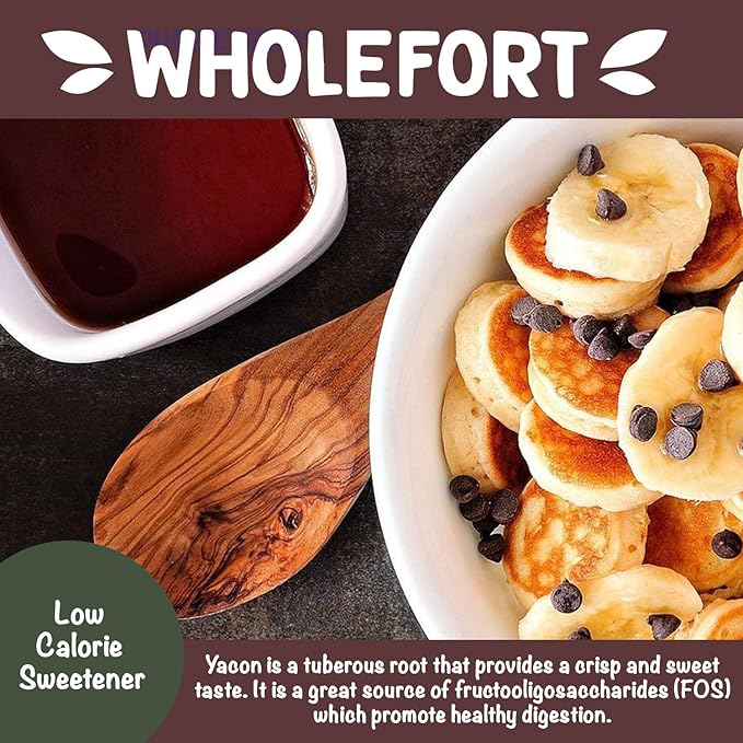 Peruvian Yacon Syrup a 100% Natural Sweetener - Low Glycemic Index - Vegan - Organic - Substitute for Sugar, Honey and Molasses - Packed with FOS (fructooligosaccharide) a Prebiotic Fiber and Inulin - In an Easy Squeeze Dripless Bottle by Wholefort