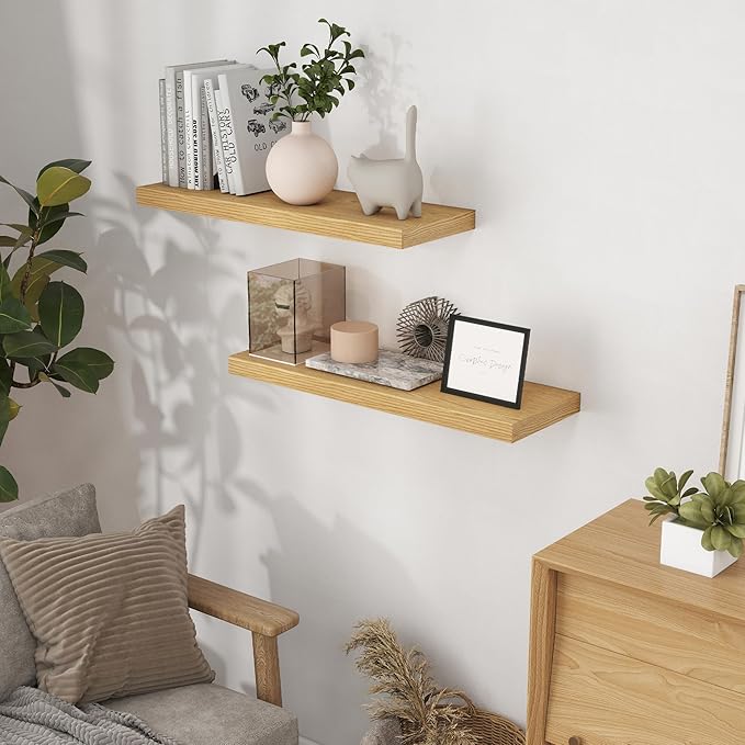Fun Memories 32 Inch Floating Shelves, Wall-Mounted Bathroom Shelves Set of 2, 9.3 Inch Deep Floating Shelf Bookshelf for Living Room, Bedroom, Heavy-Duty Deep Storage Shelf for Wall, Oak Color