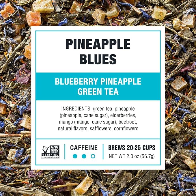 Tiesta Tea - Pineapple Blues, Loose Leaf, Blueberry Pineapple Green Tea, Premium Tropical Blend, Medium Caffeinated Green, Make Hot or Iced, Brews Up to 25 Cups, 2 Ounce Resealable Pouch