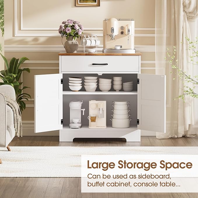 Onelike Modern Sideboard Buffet Cabinet with Storage, Farmhouse Kitchen Cabinet Buffet Table with Doors and Drawers, for Dining Room, White, 30"