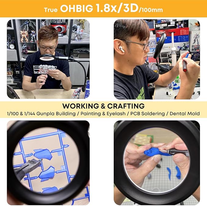 HWATANG OHBIG x MADWORKS 1.8x/3D/100mm Dimming Toning LED Magnifying Glass - K9 White Glass, Model Assembly, Soldering, Ra 94 Ring Light, 50+ Seniors Reading Magnifier (Handheld)