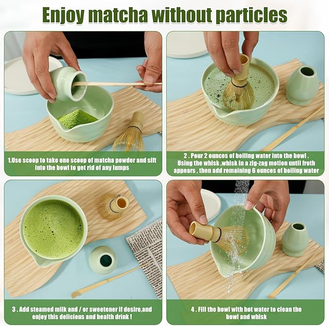 Matcha Whisk Set, 4 Pcs Matcha Set Includes Ceramic Matcha Bowl with Spout, Matcha Whisk Holder, Bamboo Matcha Whisk and Scoop - Green Matcha Tea Set, Cute Matcha Kit Set for Matcha Lovers