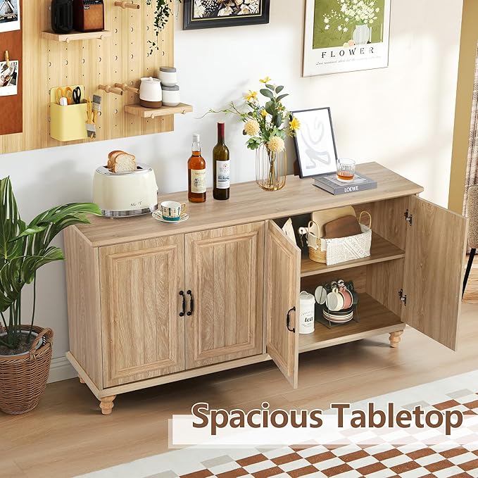 59" Sideboard Buffet Cabinet with Storage, Large Retro Credenza with 4 Doors & Adjustable Shelves Wood Rectangular Coffee Bar Table Console for Kitchen, Living Room, Hallway, Entry (Natural)