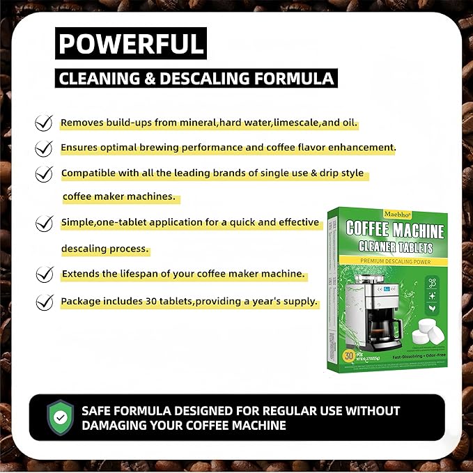 Coffee Machine Cleaning Descaling Tablets, 30 Count Fast Dissolving, Odor Free, Residue Free Formula for Hard Water, Limescale Coffee Oils Universal for Pod, Espresso Drip Brewers
