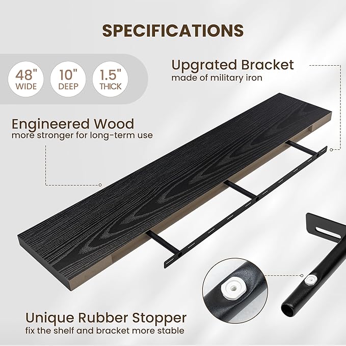 Fun Memories 10 Inch Deep Shelves, Floating Shelves for Wall 48 Inches Long, Wood Floating Shelves for Wall, Large Storage Shelves Wall Mount for Living Room Bedroom, Black, Set of 1