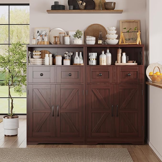 Dark Brown Storage Cabinet with Doors and Shelves - Farmhouse Kitchen Pantry Cabinet with Storage, Coffee Bar Station, Hutch Cupboard for Kitchen, Living Room, Home Office, Dining Room