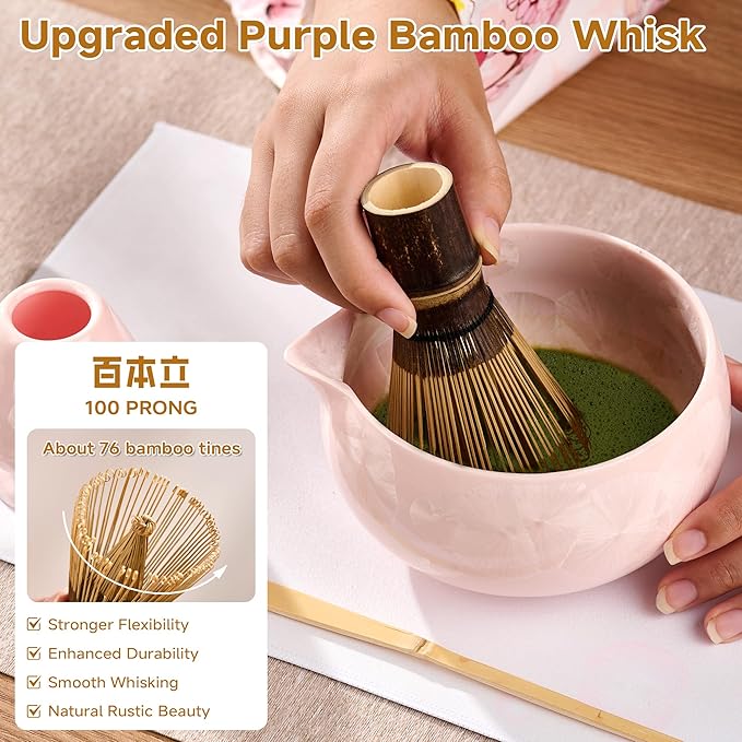 Matcha Whisk Set – Crystalline Glaze Bowl, Bamboo Whisk & Holder, Scoop & Sifter with Holder, Cup with Lid & Straw, Ice Cube Tray & Tea Towel – Pink Matcha Gift Set for Women, Christmas Gifts