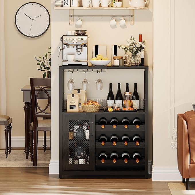 Vintage 3-Tier Wine Bar Cabinet with Adjustable Shelves, Glass Holders, Mesh Door, Small Buffet Sideboard Liquor & Coffee Bar Cabinet for Kitchen, Dining Room, Living Room