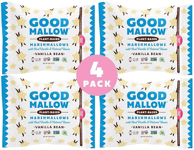 GoodMallow Vegan Marshmallows - Large Kosher Halal Gluten Free Dairy Free Healthy- Natural Gelatin Free Marshmallows for Hot Chocolate, Smores, Baking - Nothing Artificial, Made in USA (White Vanilla ) (Pack of 4)