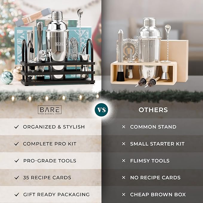 BARE BARREL® Mixology Bartender Kit Bar Set | 14-Piece Cocktail Shaker Set | Martini Barware Mixing Tools for Home Bartending | 35 Recipe Cards | Gift Set (24oz Cobbler Shaker, Silver/Black)