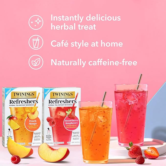 NEW Twinings Peach Mango Refreshers, Herbal Tea Instant Beverage with Real Peach Fruit Bits, 5 Count (Pack of 2), Café Style, No Artificial Sweeteners, Naturally Caffeine-Free Refreshment, 5 Packets