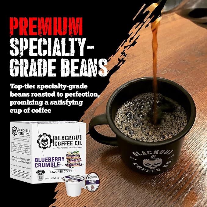 Blackout Coffee Blueberry Crumble Flavored Coffee Pods – Medium Roast, Smooth Taste, Guilt-Free Indulgence – Freshly Roasted 18 Count
