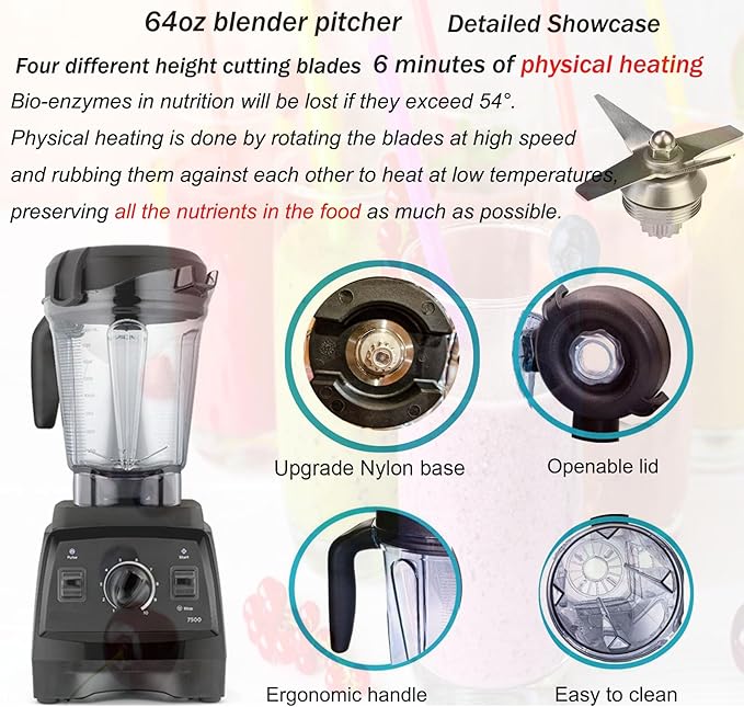 Blender Pitcher 64oz Low-Profile, Compatible with vit 780 75-0 75-00 5000 5200 6300 7800 Vm0102 Vm0103 Vm0197 E310 Classic/Commercial/Professional Series etc Blender, Blender jar cup,10 Years Warranty