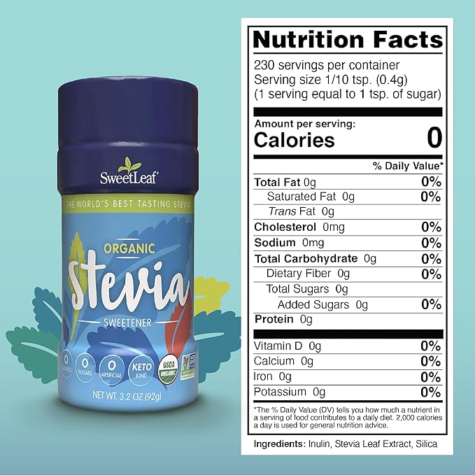 SweetLeaf Organic Stevia Powder Shaker Jar - Zero Calorie Sweetener with Stevia Leaf Extract, No Artificial Sweetener Additive, Sugar Free, Keto Friendly, Non GMO, Gluten Free - 3.2 Oz (Pack of 1)