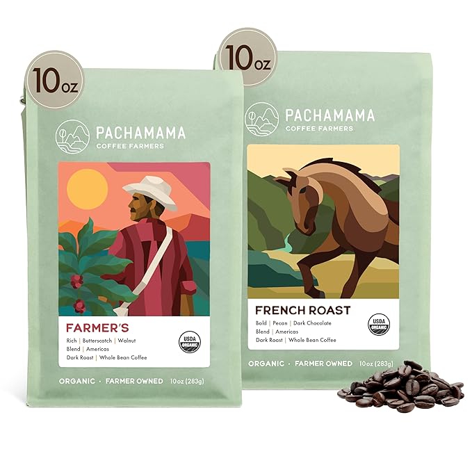 Pachamama Organic Coffee - Dark Roast Whole Bean Coffee Bundle - 2x10 oz bags - French Roast + Farmer's Blend - Farmer Owned & Regenerative
