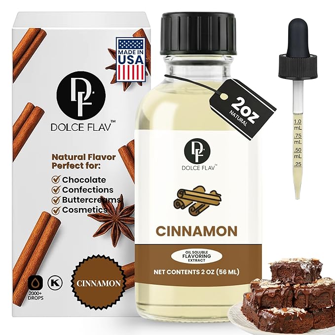 Dolce Flav Natural Cinnamon Extract – 2 Ounce Oil-Soluble Kosher, Sugar-Free, Concentrated Spice Flavor for Candy, Chocolates & Desserts, Includes Measured Dropper