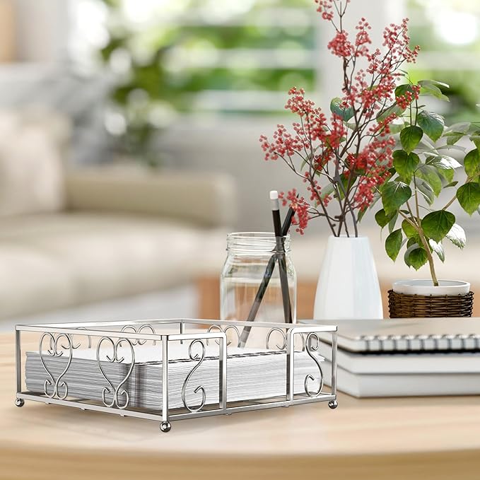 Flat Napkin Holder for Table – Silver Square Dispenser for Paper Napkins, Modern Metal Caddy for Kitchen or Dining, Iron Weighted Organizer, Kitchen Dining Room Decor 7.4 x 7.4 Inch