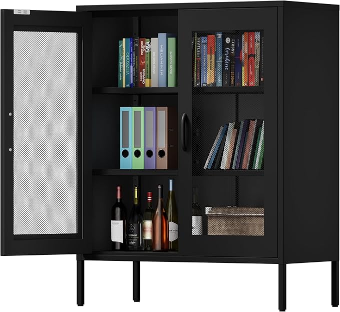 Black Metal Storage Cabinet,Metal Locker Storage Cabinet with 2 Mesh Doors and Adjustable Shelves,Kitchen Pantry Cabinets for Home,Sideboard,Living Room,Office(40" H)