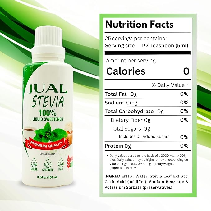 JUAL Natural Liquid Stevia Sweetener – 3.34 Fl Oz – Zero Calorie, Zero Sugar, Zero Carb – Stevia Drops for Coffee, Tea & Baking