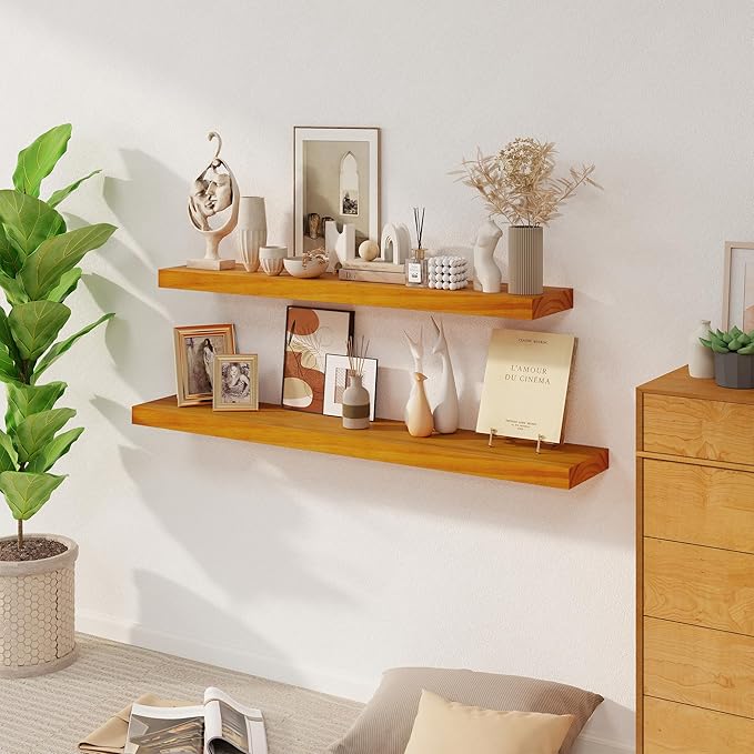 Fun Memories Floating Shelves, 9.3 Inch Deep Solid Pine Wood Wall Shelves for Storage, Rustic Wall Mounted Display Shelf with Invisible Heavy-Duty Metal Bracket, 48 Inch Width, Honey Oak