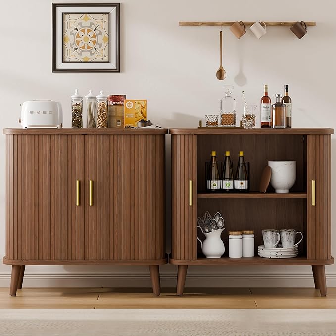 Lulive Walnut Buffet Cabinet, Sideboard Buffet Storage Cabinet with Rolling & Sliding Doors, Modern Bar Cabinet for Kitchen & Dining Room
