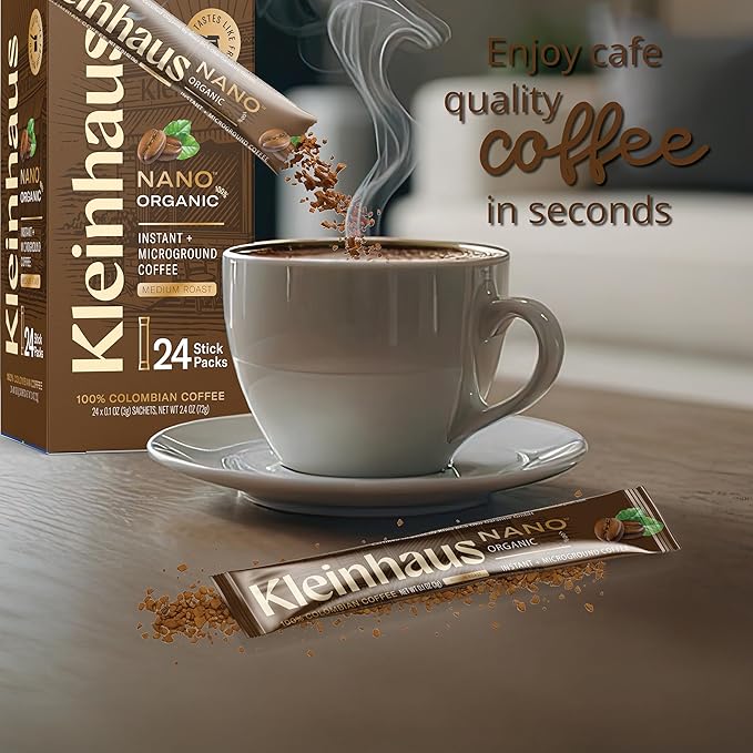 Kleinhaus Organic Medium Roast Nano Single-Serve Instant Coffee + Microground | 100% Colombian Arabica Coffee | Freeze dried | Fresh Brewed Taste | 2 X 24 Packets