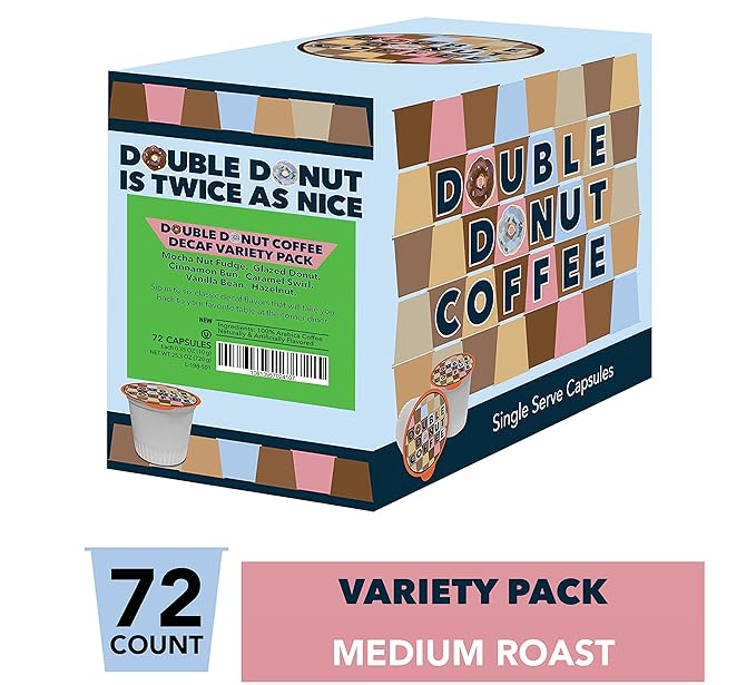 Double Donut Coffee Decaf Flavored Coffee Variety Pack - 6 Traditional Flavors (Caramel Swirl, Hazelnut, Glazed Donut, Mocha Nut Fudge, Vanilla Bean, and Cinnamon Bun) for Keurig K Cups Coffee Makers - 72 Count