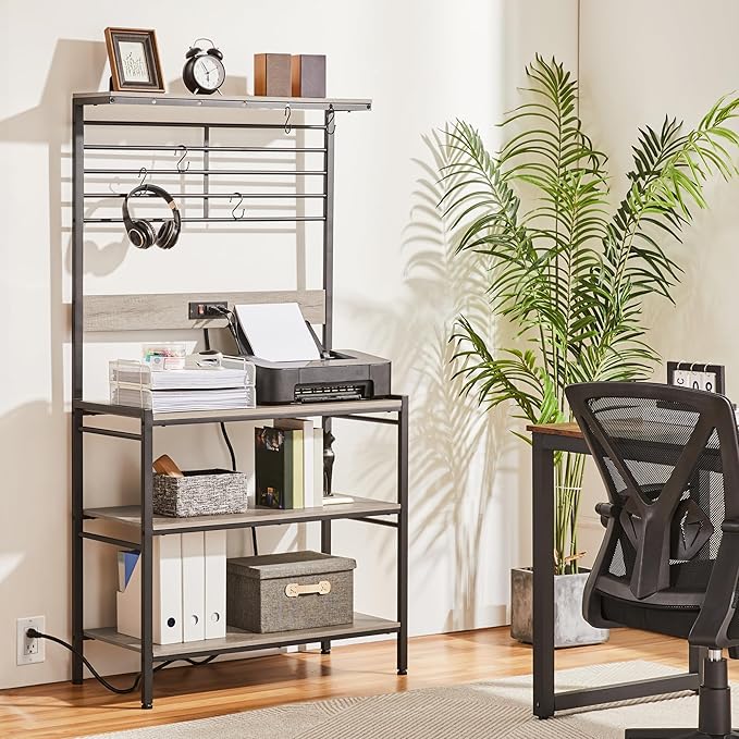 Yaheetech Bakers Rack with Power Outlet, Shelf Unit Coffee Bar Station with 5 S-Hooks & Adjustable Feet, Microwave Stand with Storage Shelf for Dinning Room/Living Room, Gray