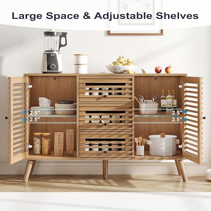 Buffet Cabinet with Slatted Doors, 47" W Sideboard Buffet with Drawers, Modern Mid Century Accent Storage Cabinet for Living Room, Entryway, Kitchen, Oak