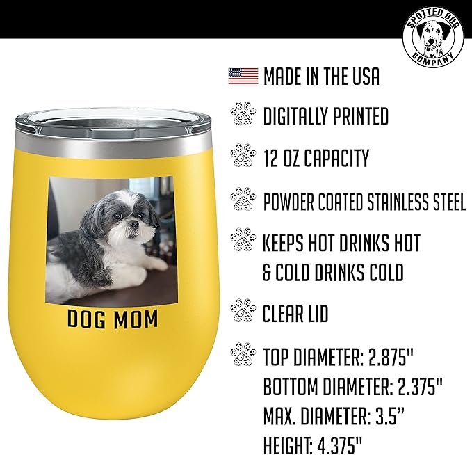 Personalized 12oz (17 Colors) Mother's Day Photo Picture Printed Insulated Stainless Steel Powder Coated Stemless Wine Tumbler with Lid, Customized Gift Idea for Her, Coach Gifts Team Mom Dad (Yellow)
