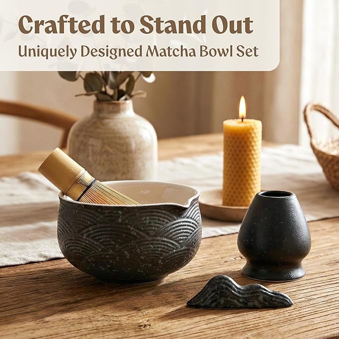 Matcha Kit Whisk Set (7 Pcs) - Complete Matcha Set, Matcha Bowl with with Bowl, Whisk and Holder, Bamboo Spoon/Scoop, Scoop Rester and Sifter incl. Booklet
