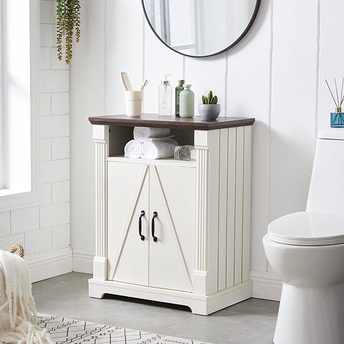 24" Farmhouse Storage Cabinet – Antique White Freestanding Buffet Sideboard with Barn Doors, Adjustable Shelf, Small Coffee Bar for Kitchen, Bathroom & Living Room