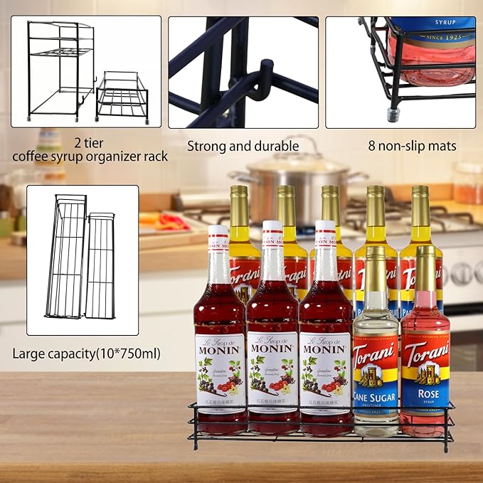 Coffee Syrup Organizer Rack, 2 Tier Coffee Syrup Stand Holder for Coffee Bar, 10 Bottles Wine Bottle Holder, Coffee Station Organizer Storage Shelf for Cocktail, Dressing, Coffee Bar Accessories
