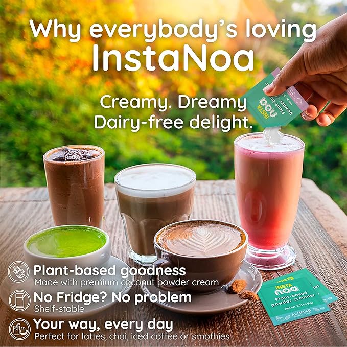 NOA Plant-Based Powder Creamer - Dairy-Free Coconut & Almond Flavor, No Sugar, Vegan, Keto-Friendly, Instant Non-Dairy Coffee Enhancer, 30 Sachets of 6g
