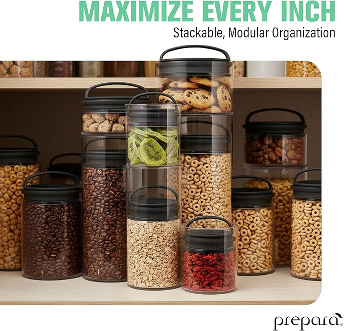 Prepara Evak Fresh Saver Short Vacuum Seal Canisters, Assorted Sizes - Grip Handle Lid, BPA Free Twin-Valve Airtight Jar for Coffee, Tea, Snacks - Pantry Organizer & Compact Kitchen Storage (3-Pack)