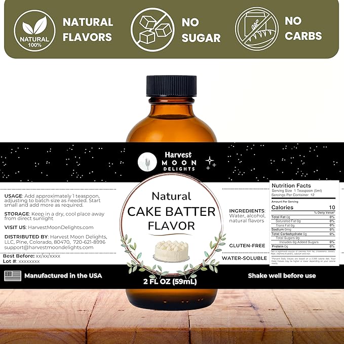 Natural Cake Batter Extract - 2 oz - Water-Soluble - By Harvest Moon Delights - Cake Batter Extract for Baking, Ice Cream, Drinks, and Candy - Flavoring, Sugar Free
