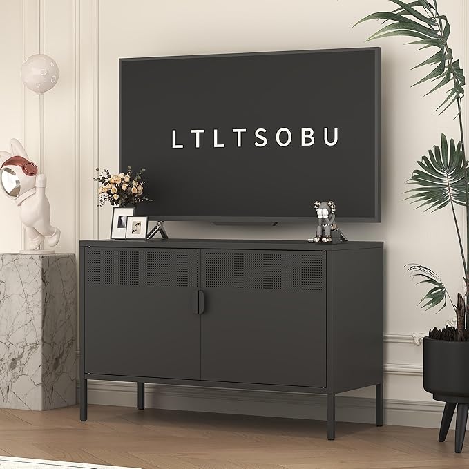 Black Metal Storage Cabinet with 2 Doors - 25''H TV Stand, 2 Tier Locker with Adjustable Shelves, Multipurpose TV Cabinet for Office, Home, Living Room, Kitchen