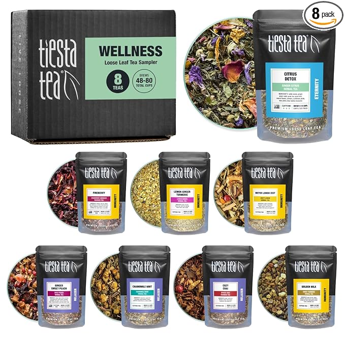Tiesta Tea - Wellness Tea Sampler Dry Flight Set, Loose Leaf, High to No Caffeine, Makes Hot & Iced, Assorted Brew Sets with Herbal, Chai, Fruit Drinks & More, 8 Resealable Sample Pouches