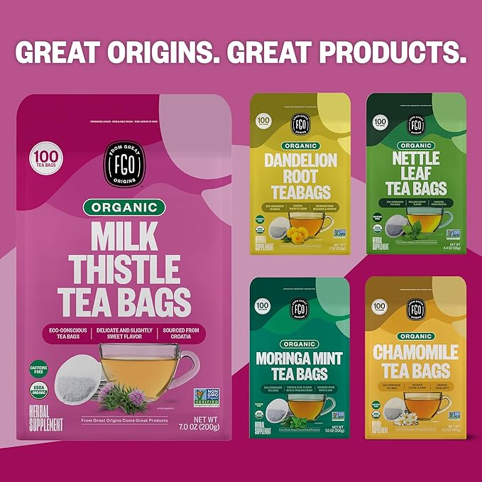 FGO Organic Milk Thistle Tea, 100 Count, Eco-Conscious Herbal Tea Bags, Resealable Bag, Caffeine Free, Packaging May Vary (Pack of 1)