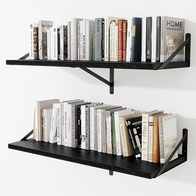 Deep Wall Shelves 36"W x 12"D Engineered Wood Floating Shelves for Wall, Sturdy Metal Bracket Bookshelves Home Decor Storage for Living Room Bedroom Bathroom Kitchen, Set of 2, Black Finish