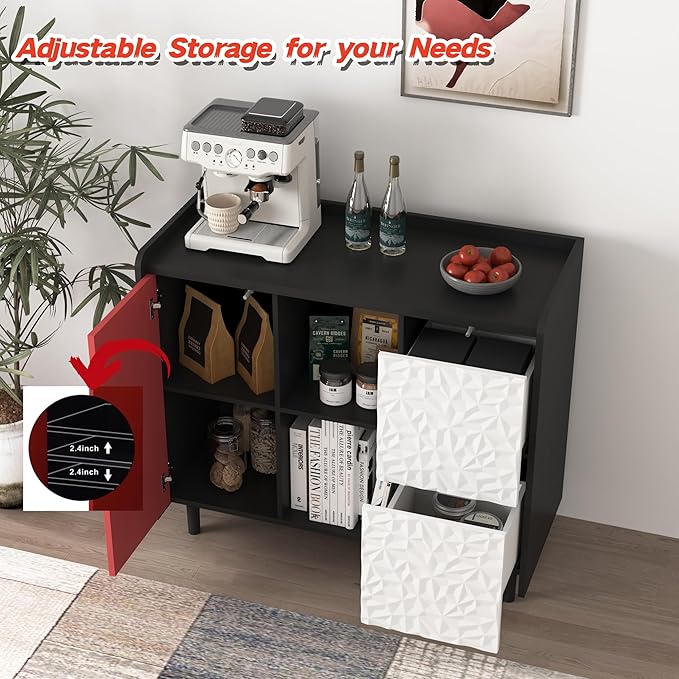35" Modern Buffet Cabinet & Coffee Bar, Small Sideboard with 3D Geometric Drawers, Push-to-Open Door & Adjustable Shelves, Unique Color Block Accent Storage for Kitchen, Dining, Entryway