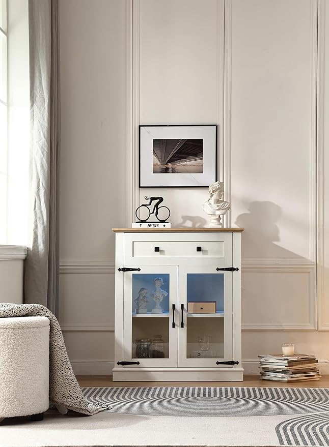 Modern 31.5'' Small Sideboard Buffet Cabinet with Storage,Small Coffee bar Cabinet with a Drawer and Adjustable Shelf,Glass Doors Sideboard Buffet with LED for Kitchen,Antique White