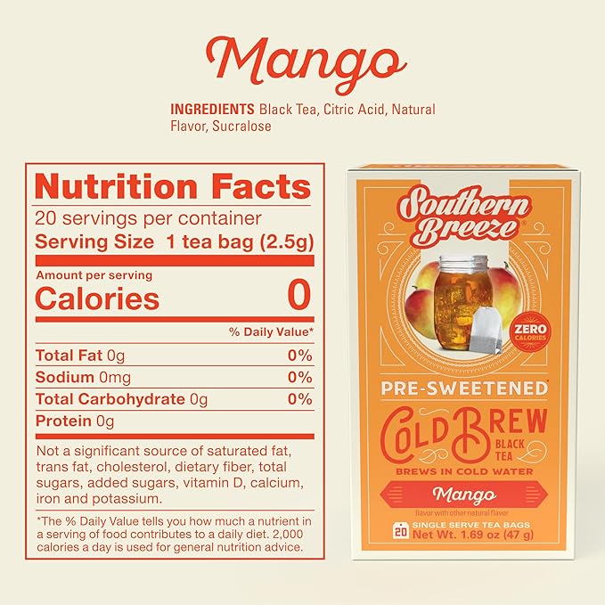Southern Breeze Cold Brew Sweet Tea Mango Iced Tea with Black Tea and Zero Carbs Zero Sugar, 20 Individually Wrapped Tea Bags (Pack of 2) Southern Sweet Tea Iced Tea Beverage
