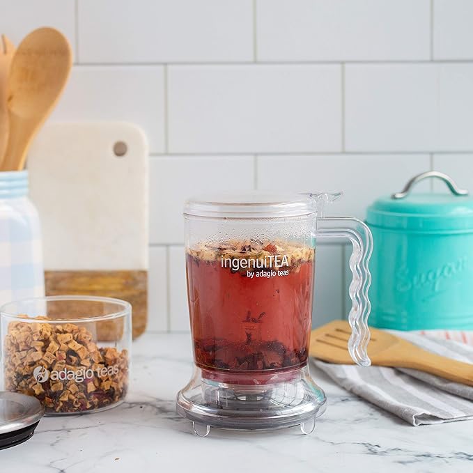 ingenuiTEA Bottom-Dispensing Teapot, PBA-Free. Works with any tea and cup. Makes 16 oz of tea. Dishwasher-safe. The easiest way to prepare loose tea.