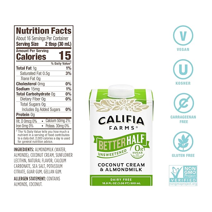 Califia Farms - Unsweetened Better Half, Half And Half Substitute, 16.9 Oz (Pack of 6), Almond Milk, Coconut Cream, Coffee Creamer, Keto, Shelf Stable, Dairy Free, Plant Based, Vegan