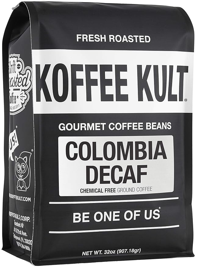 Koffee Kult Colombia Ground Decaf Coffee Decaffeinated Medium Roast 100% Arabica Naturally Swiss Water Process Chemical Free Espresso (Ground, 32oz)
