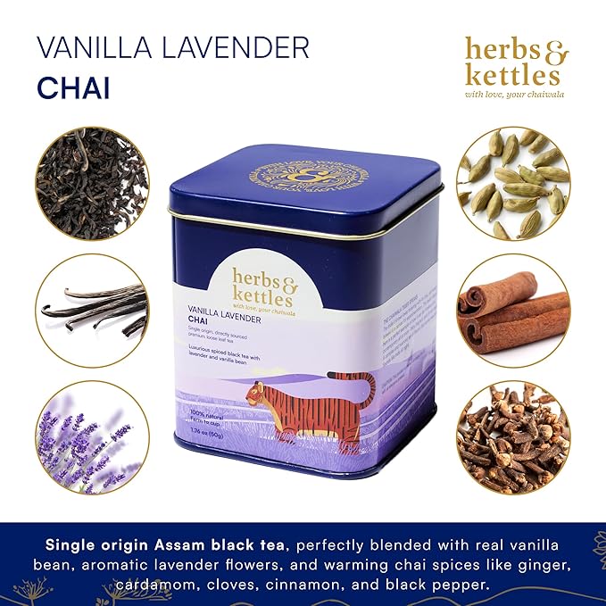 Herbs & Kettles Vanilla Lavender Chai | Assam Black Tea with Real Vanilla Bean, Lavender Flowers, Cardamom, Cinnamon & Ginger | Floral Loose Leaf Blend | Makes 10-14 Servings | Premium Tea Gift