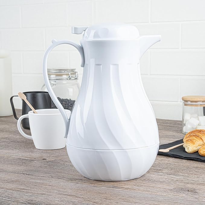 Restaurantware-Restpresso 42 Ounce Coffee Carafe, 1 Insulated Coffee Server - Push-Button Top, Swirl Design, White Plastic Pitcher, Built-In Handle, With Identification Tags